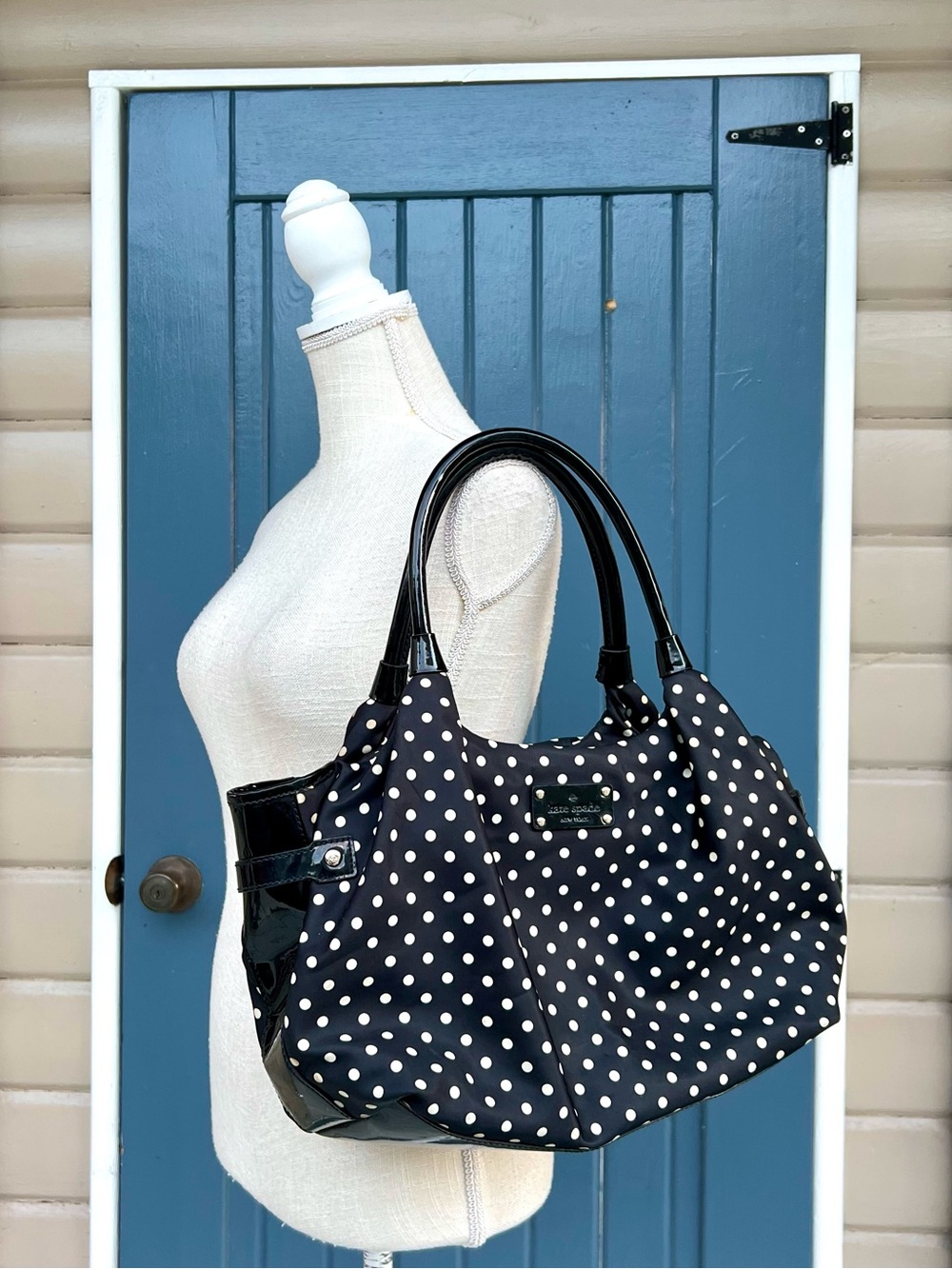 Kate Spade Stevie Polka Dot Nylon Shoulder Bag Tote - Black & White
